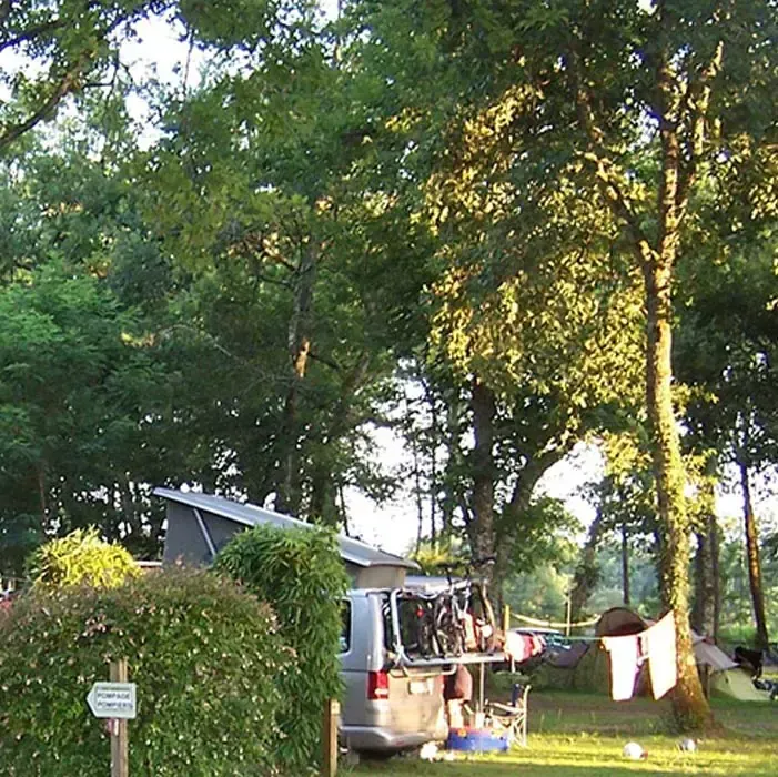 Van avec vélos et tente sur un emplacement de camping ombragé par de grands arbres