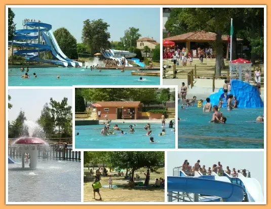 Montage montrant des bassins extérieurs, des jeux d’eau et de grands toboggans bleus dans un parc aquatique